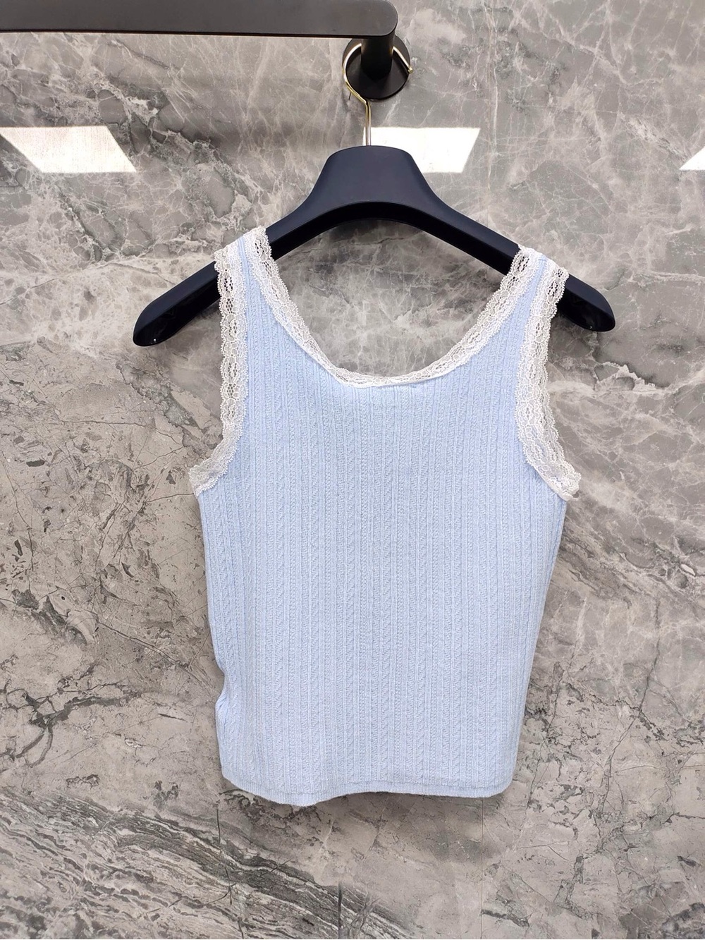 Miu Miu Baby Blue Ribbed Lace-Trim Camisole - Picture 2 of 9